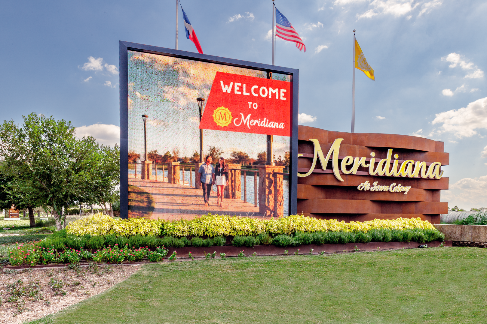 Main entry signage for the Meridiana subdivision in Rosharon, Texas