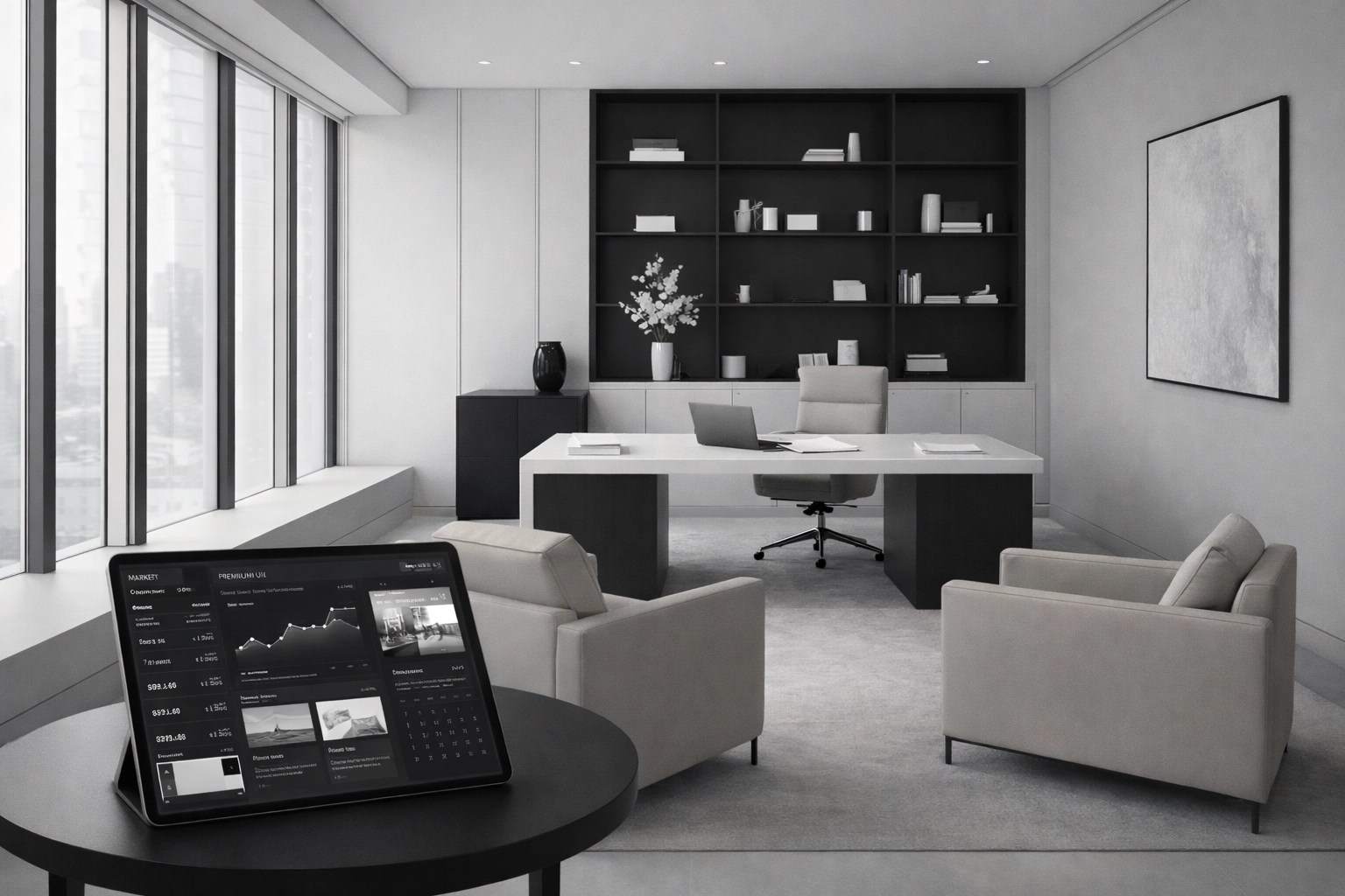 High-end minimalist digital illustration of a luxury office interior with a tablet showing a premium real estate dashboard UI