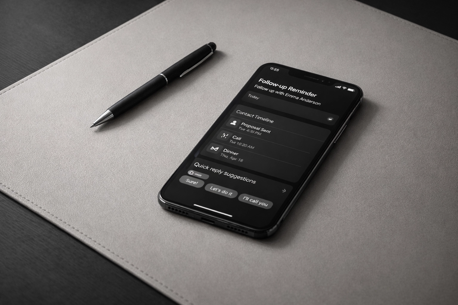 High-end minimalist digital illustration of a premium smartphone on a luxury desk with follow-up UI visible