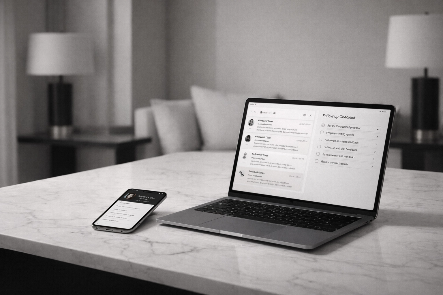 High-end minimalist digital illustration of a laptop and smartphone on a marble desk with premium UI visible on both screens