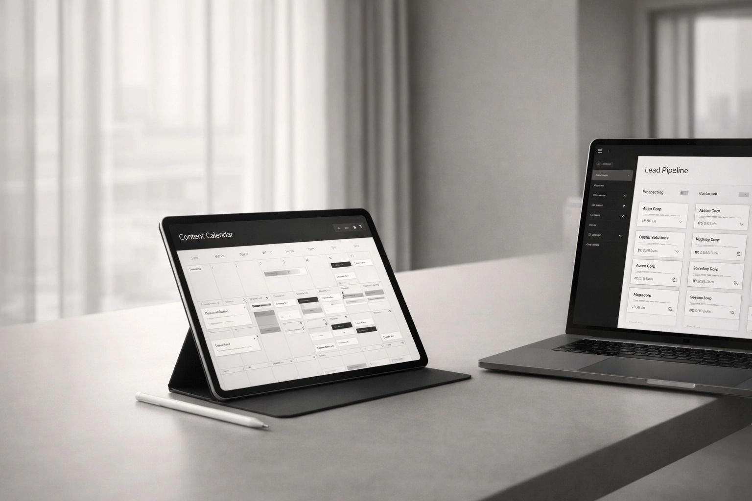 High-end minimalist digital illustration of a tablet and laptop in a luxury workspace with premium UI visible on screens