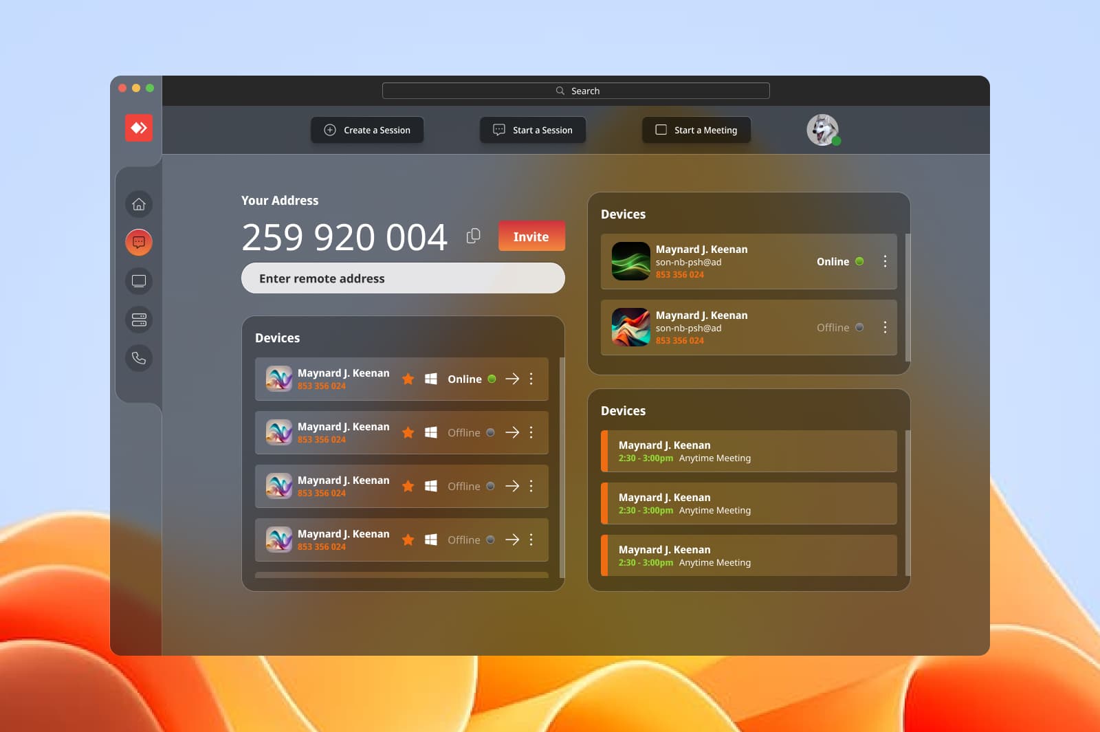 AnyDesk screen of a meeting app showing user address, remote address input, and multiple devices with online and offline status for users.