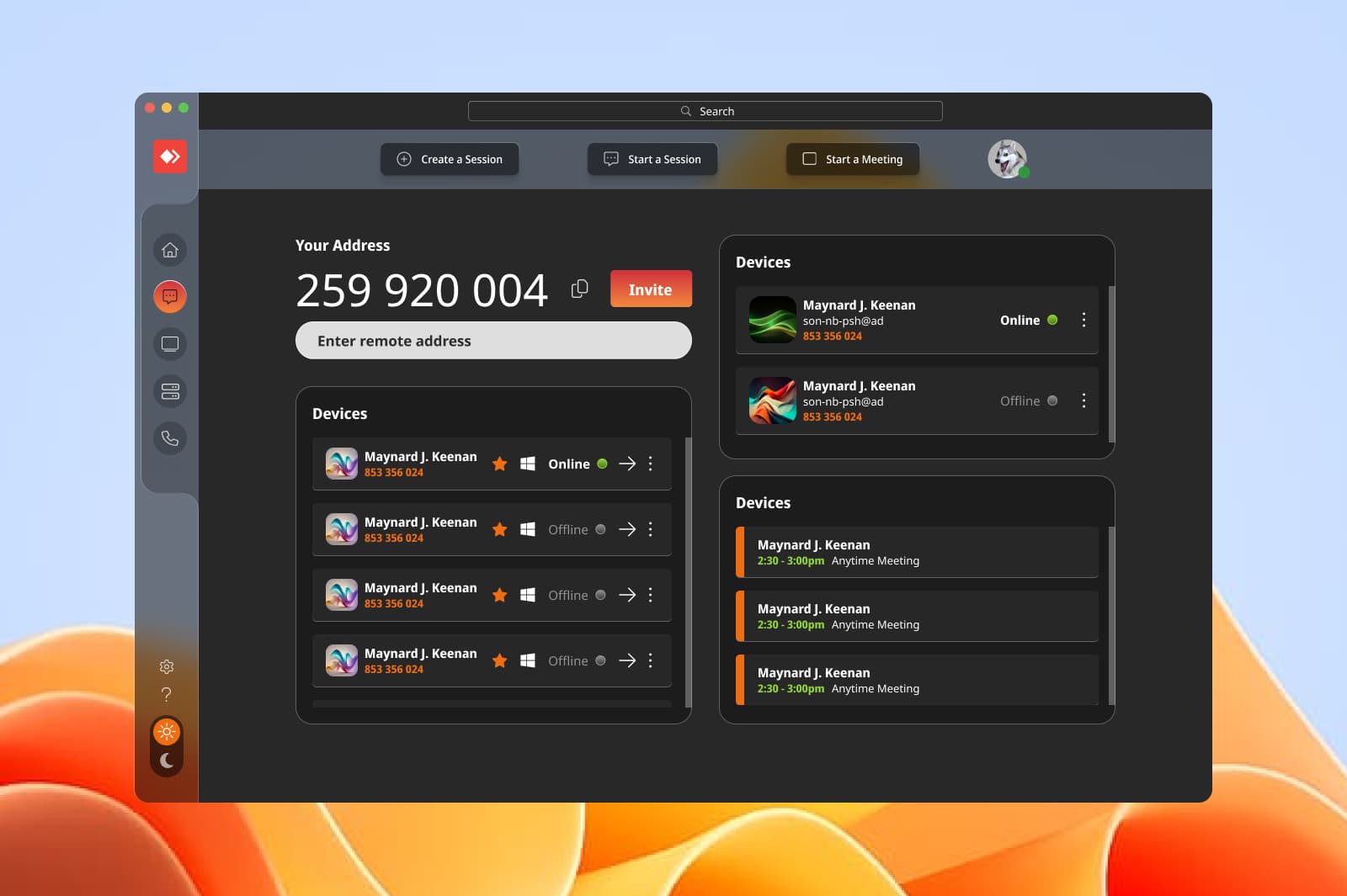 User interface of AnyDesk remote meeting software showing user address, device statuses, and meeting schedules for users with options to create or start sessions and meetings.