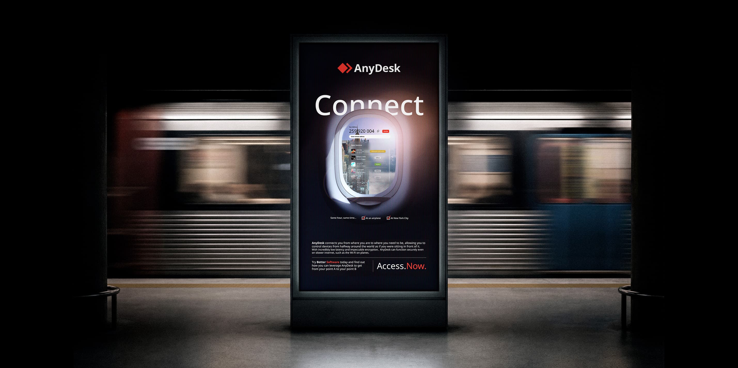 Digital advertisement for AnyDesk remote software displayed on a vertical screen in a subway station with a moving train in the background.