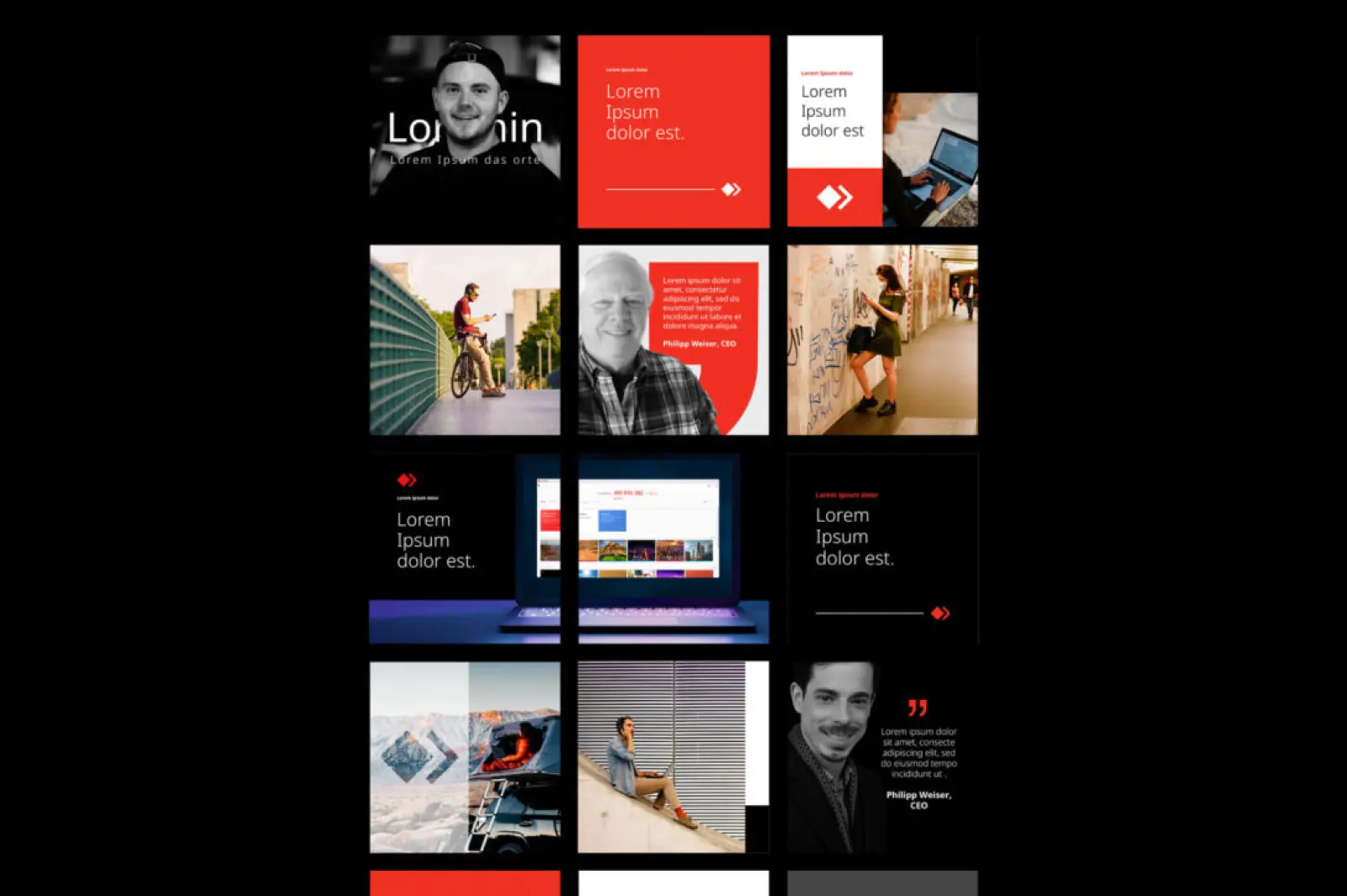 AnyDesk's Social Media template designs. Collage of images and text blocks featuring portraits, people using laptops, cycling, and placeholder text with red, black, and white design elements.