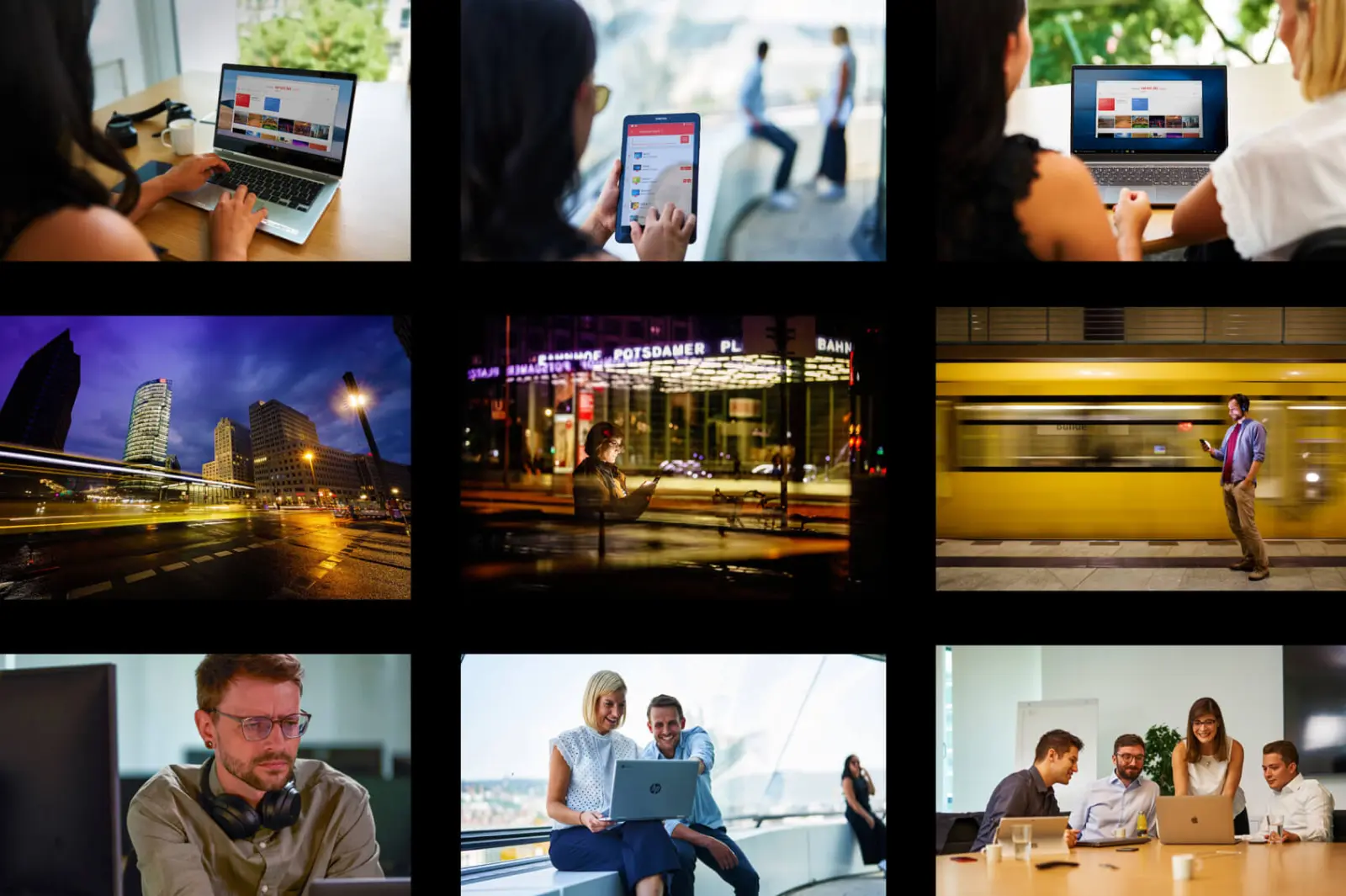 AnyDesk's Photography Styles. Collage of nine images showing people using laptops and mobile devices, cityscapes at night, and groups collaborating in office and outdoor settings.