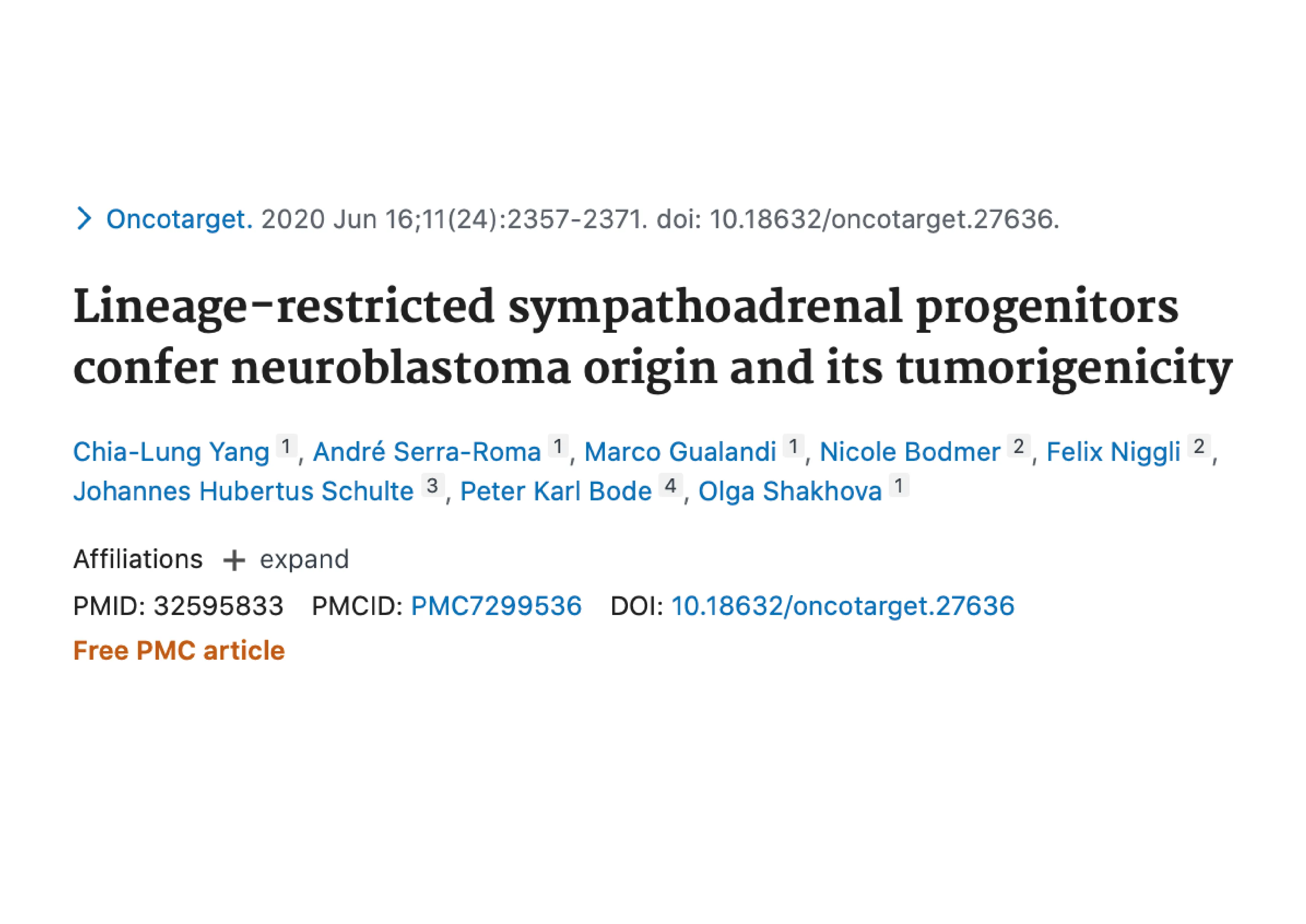Research article titled 'Lineage-restricted sympathoadrenal progenitors confer neuroblastoma origin and its tumorigenicity' published in Oncotarget on June 16, 2020.
