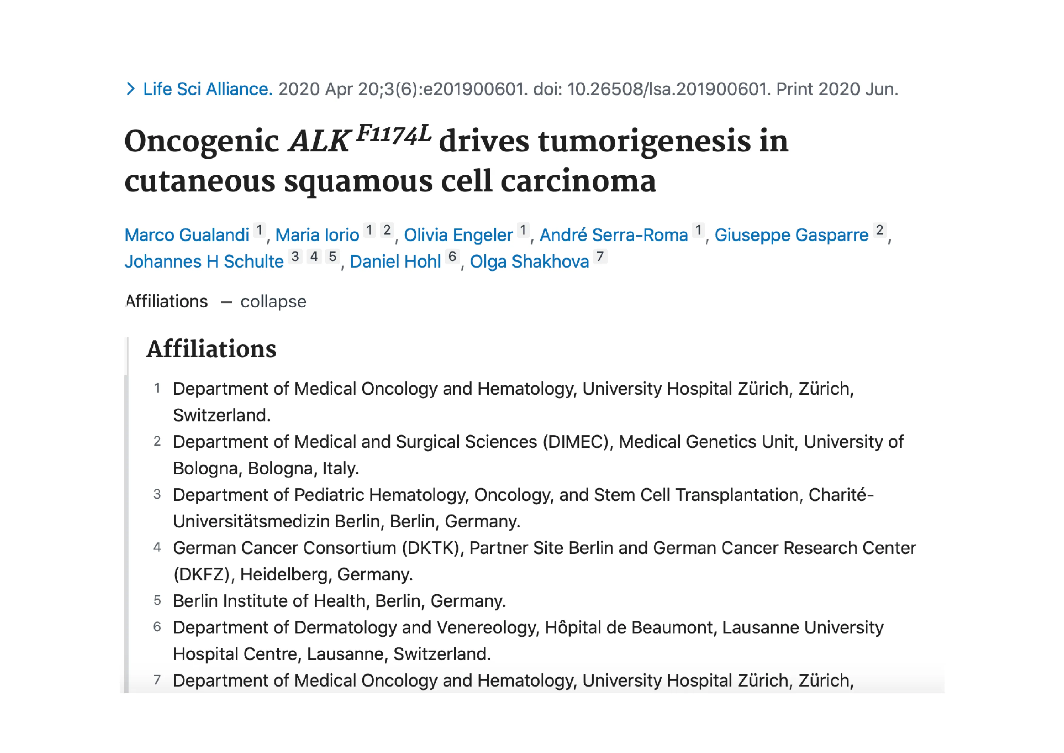 Research article titled 'Oncogenic ALK F1174L drives tumorigenesis in cutaneous squamous cell carcinoma' with author names and affiliations from medical and cancer research institutions in Switzerland, Italy, and Germany.