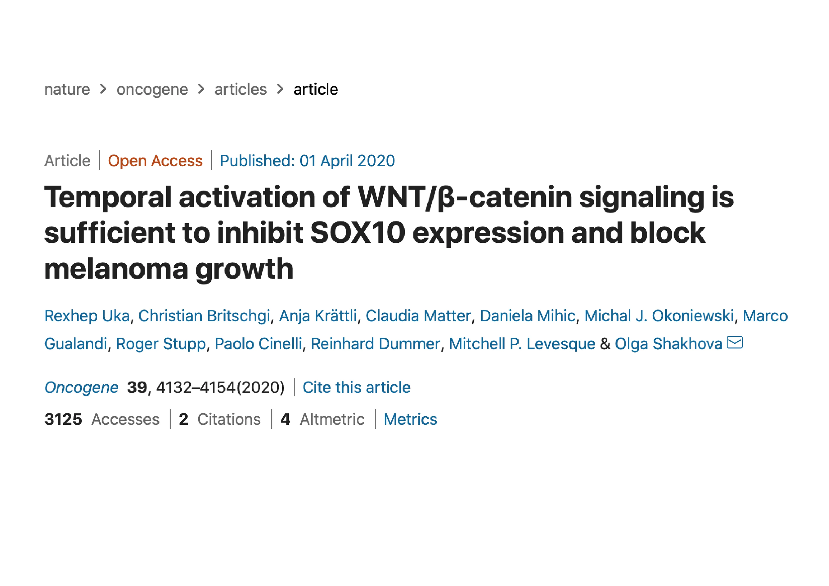 Article titled 'Temporal activation of WNT/β-catenin signaling is sufficient to inhibit SOX10 expression and block melanoma growth,' published April 1, 2020, with author names listed and journal info.