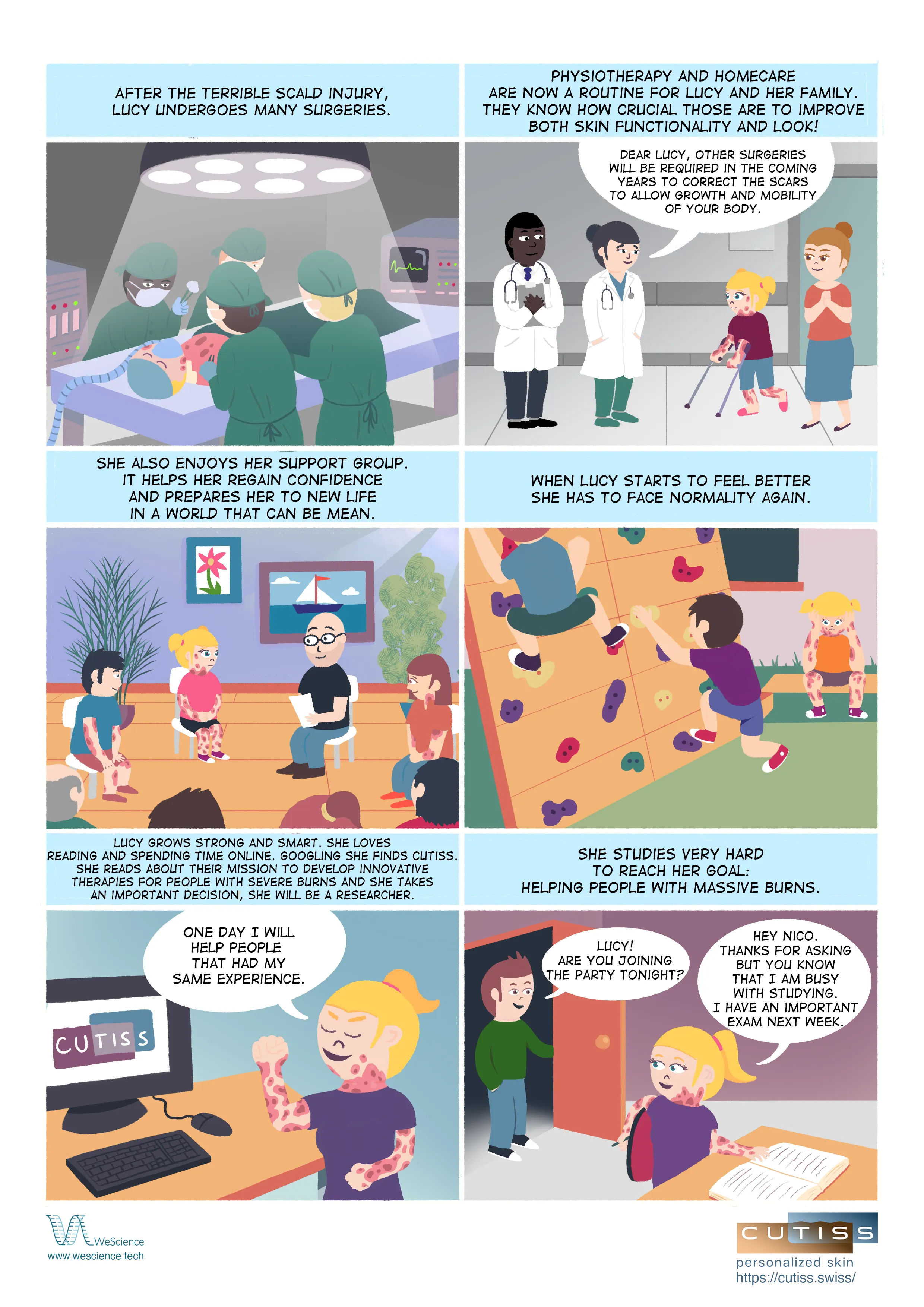 Comic strip showing Lucy's journey with scald injury, surgeries, physiotherapy, support group, recovery challenges, and her goal to help people with massive burns as a researcher.