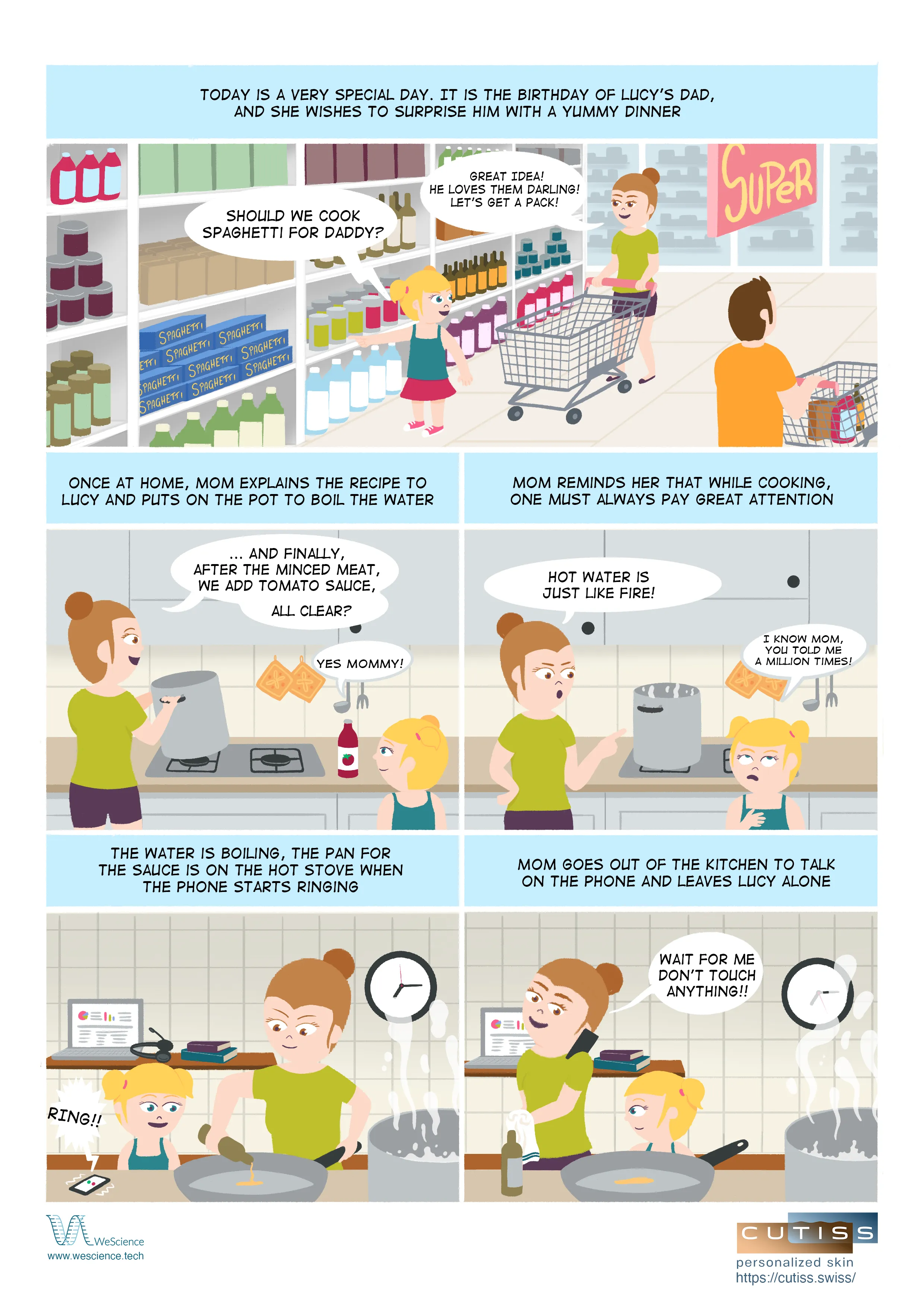 Comic with Lucy and her mom shopping for spaghetti and cooking a birthday dinner while mom emphasizes kitchen safety, warning Lucy not to touch anything when she leaves to answer the phone.