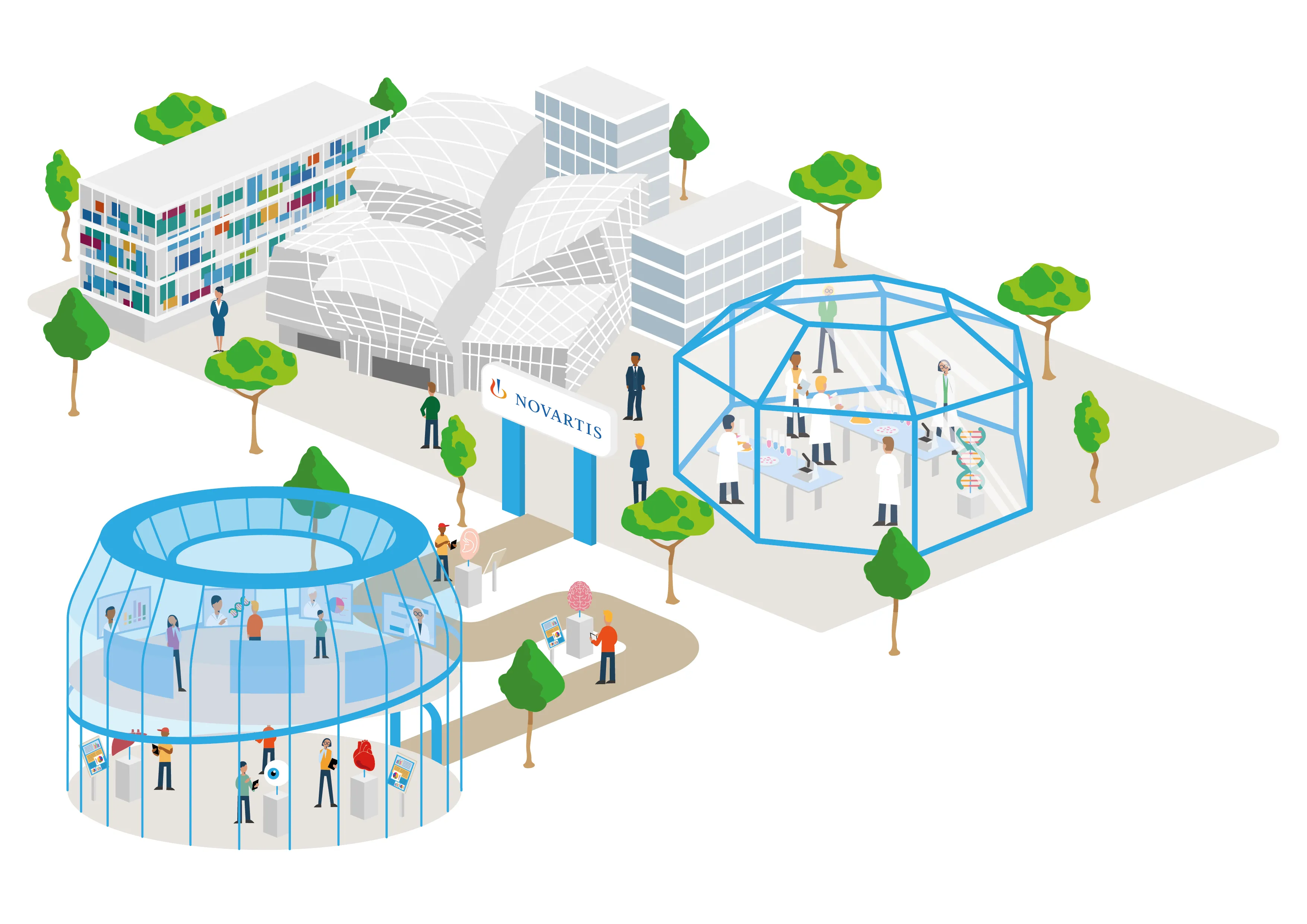 Illustration of Novartis campus with modern buildings, lab researchers in a glass dome, and people interacting with medical exhibits outdoors.