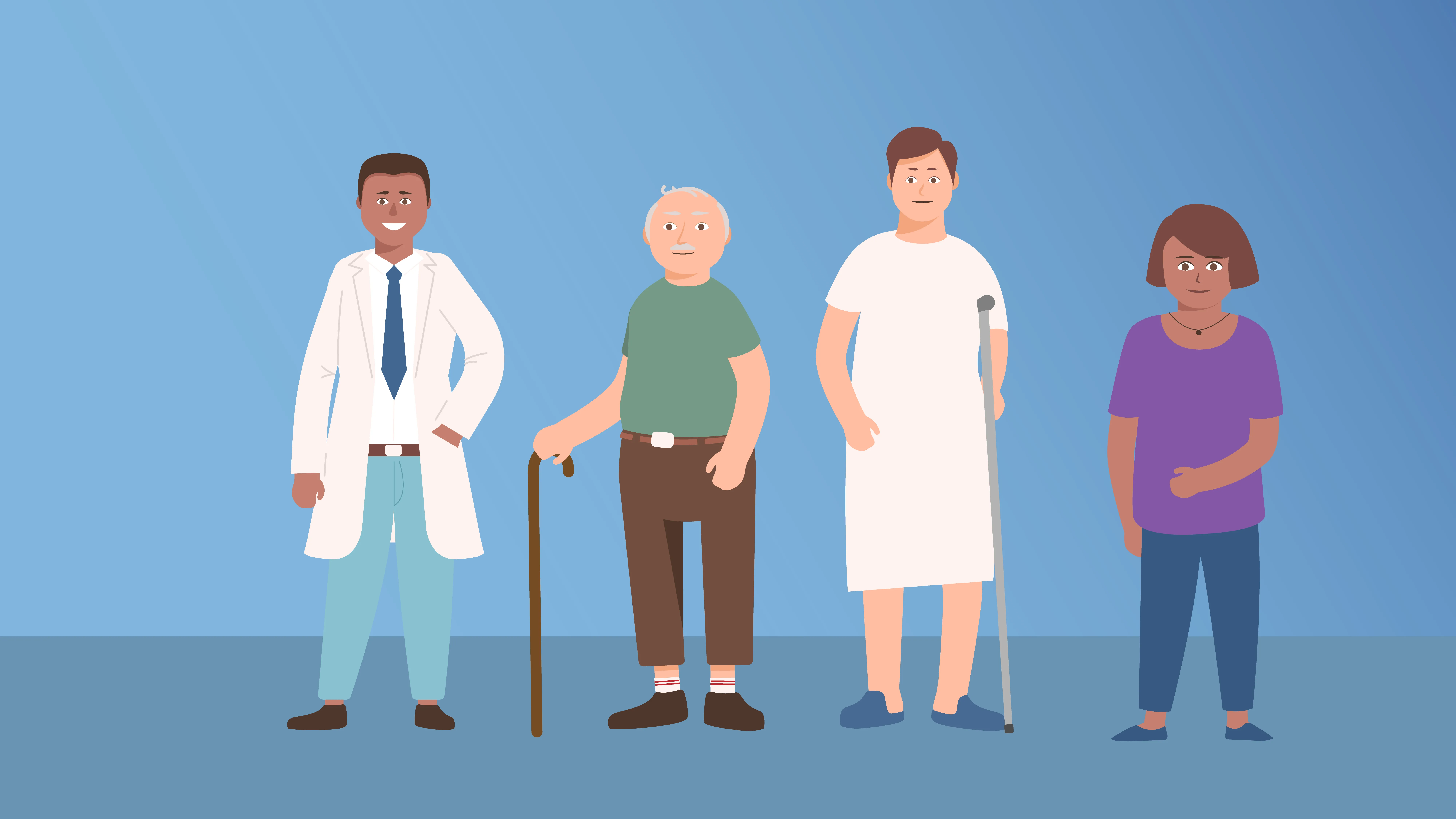 Illustration of a smiling doctor, an elderly man with a walking cane, a person with a crutch wearing a hospital gown, and a woman in a purple shirt standing side by side.