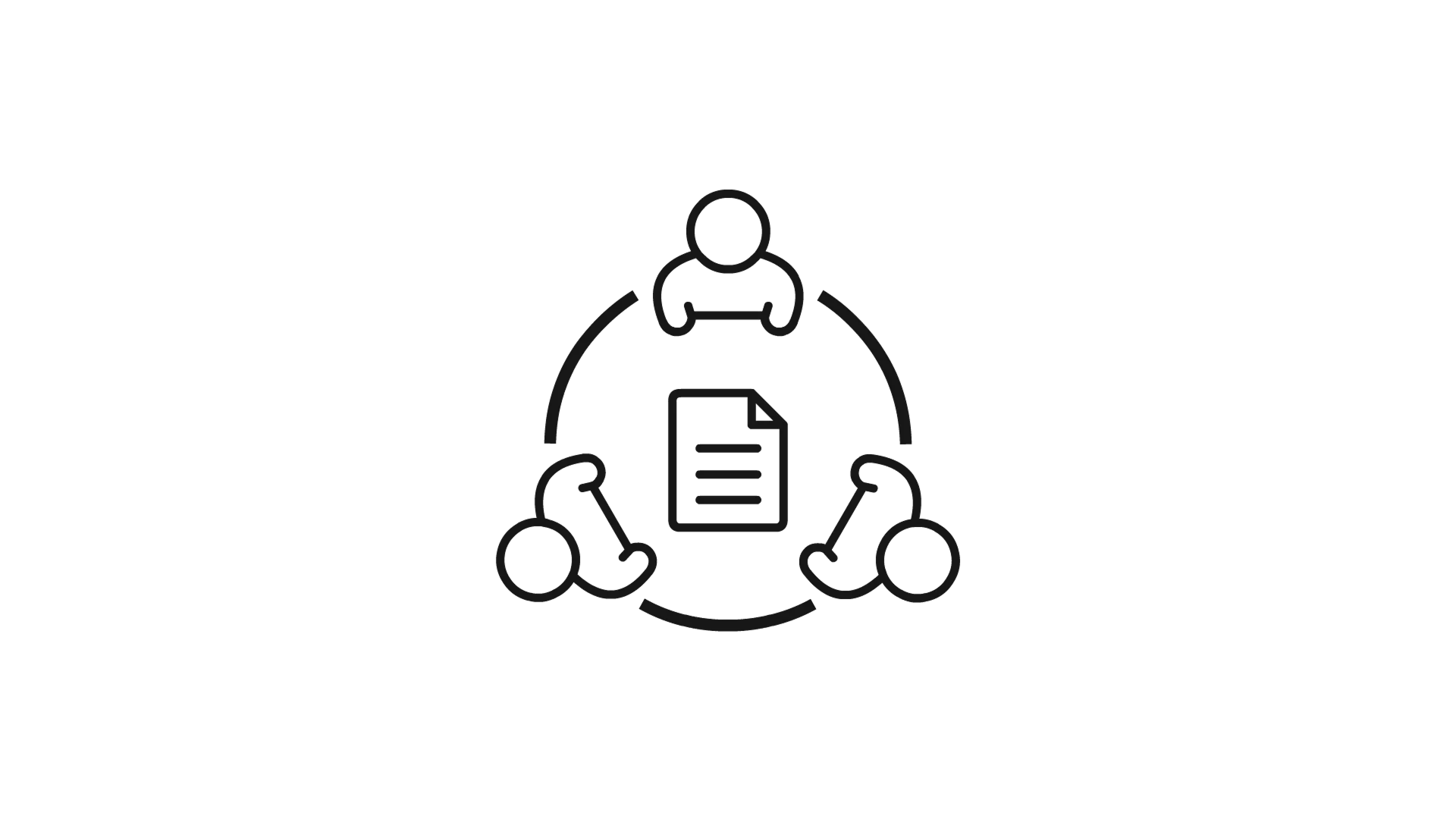 Outline of three people connected in a circle around a document with text lines.