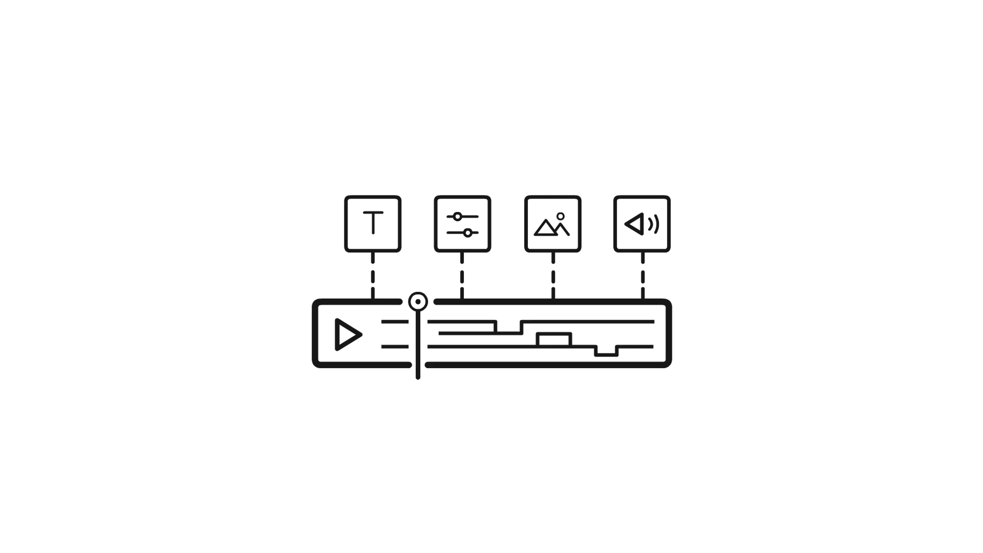 Timeline editor with icons for text, settings, images, and audio adjustments above it.