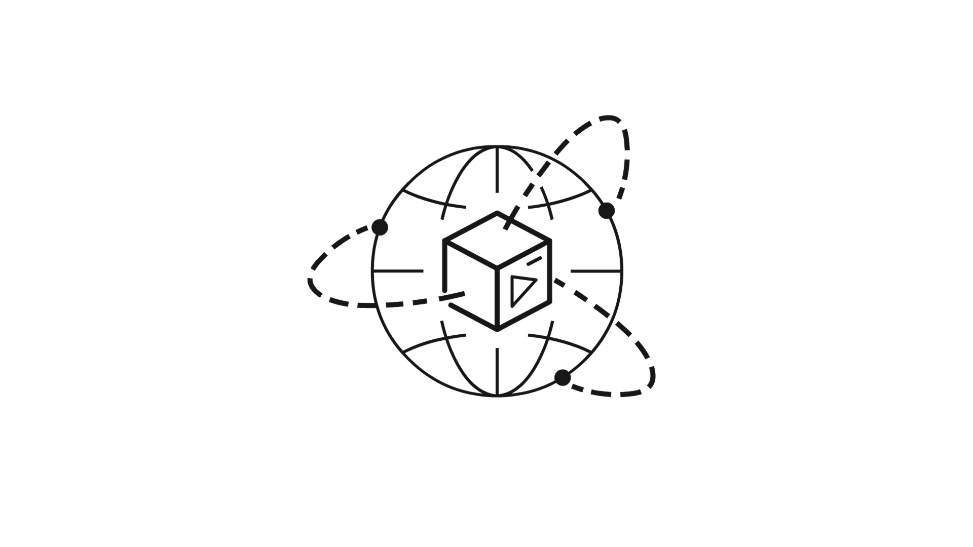 Abstract globe with orbiting dots and a cube with a play button symbol inside it.