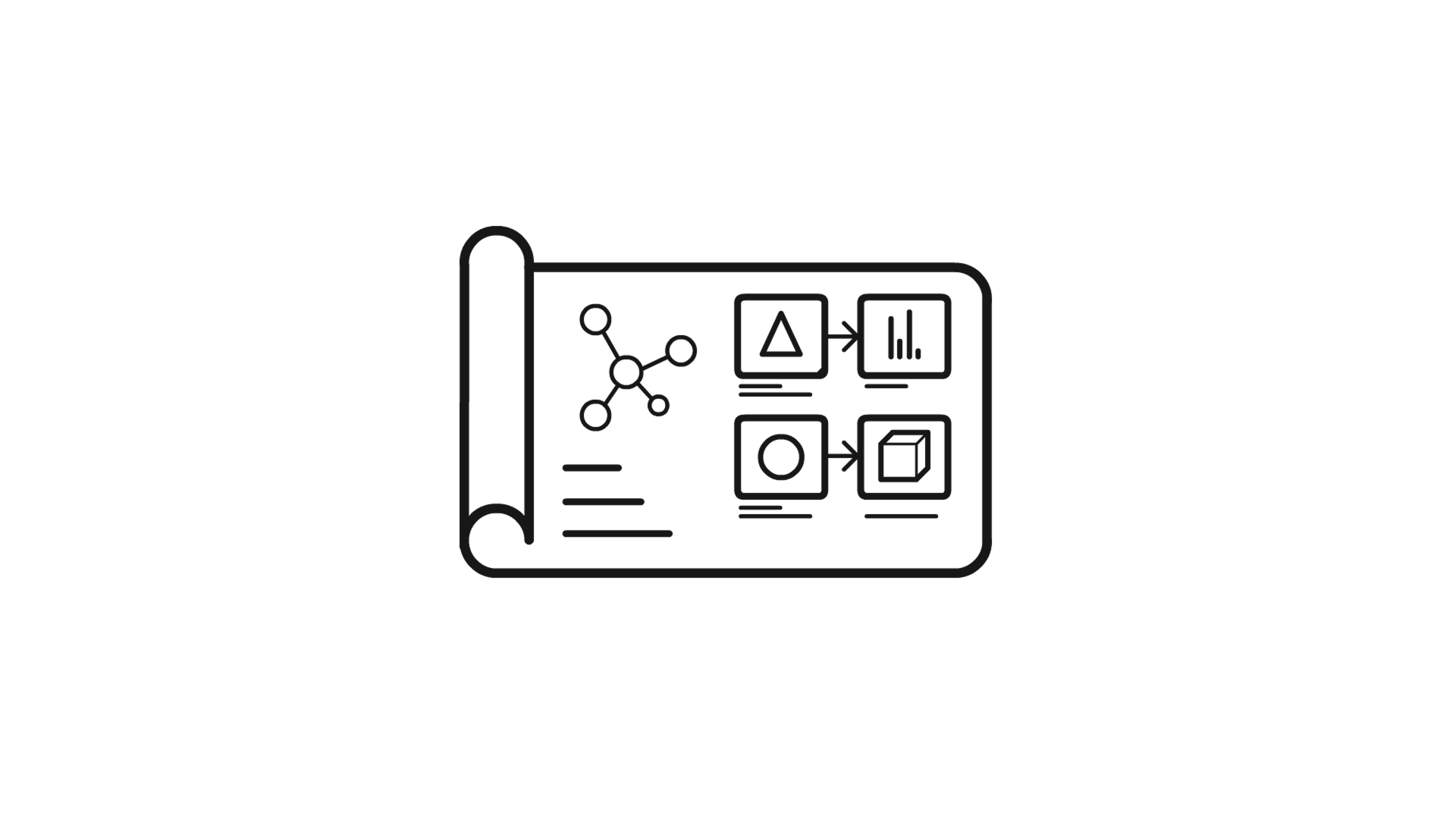 Rolled blueprint with simple flowchart and molecular structure icons in black outlined style.