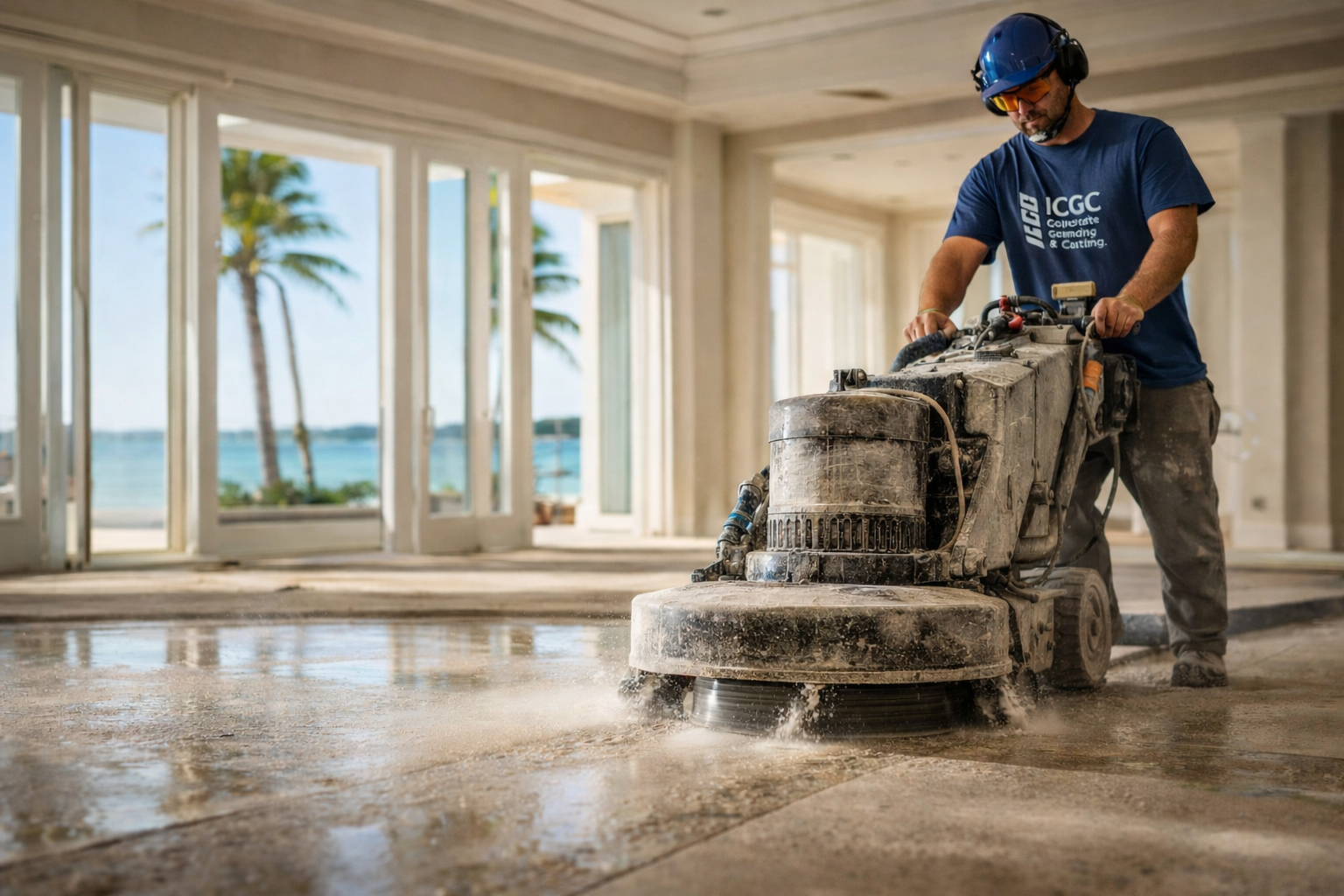 ICGC team member operating concrete grinder on commercial project