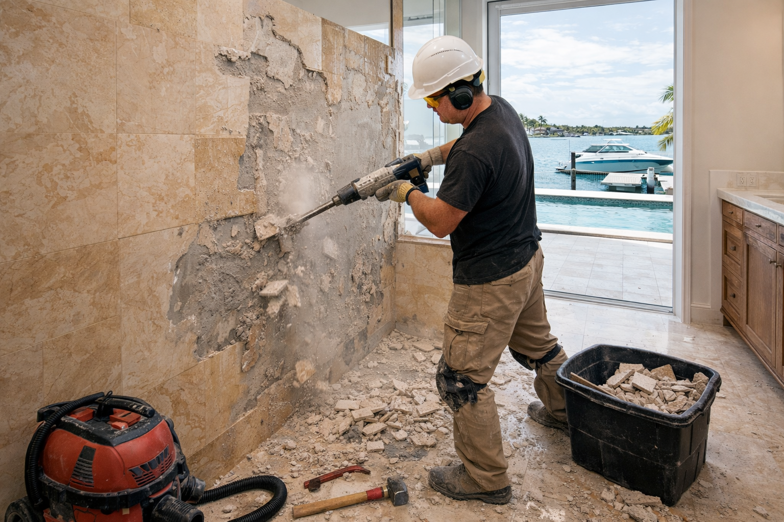 Wall tile removal in progress