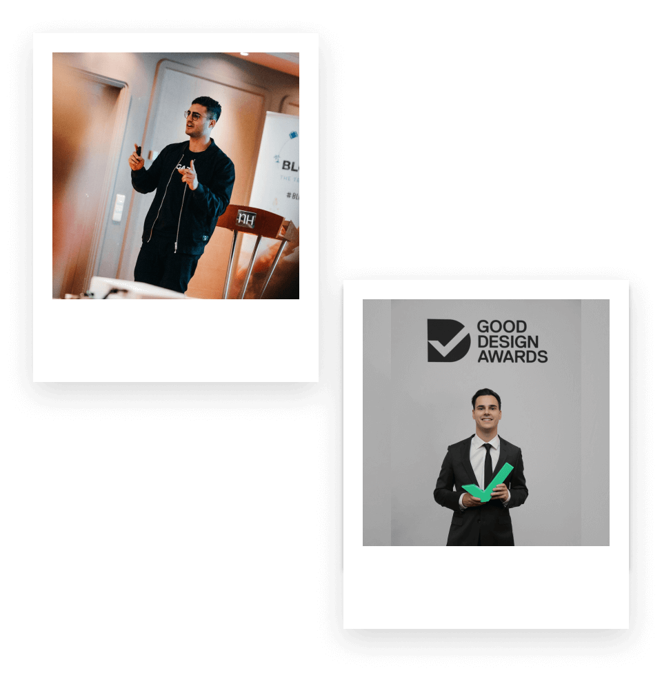 Top left image: Man in black jacket and glasses presenting at the Influencer DB office in Cologne, Germany; Bottom right image: Man in a suit holding a green checkmark award in front of a Good Design Awards backdrop.
