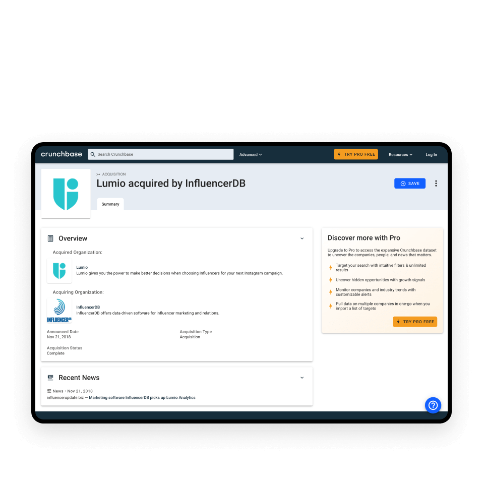 Crunchbase page showing Lumio acquired by InfluencerDB with company logos, acquisition details, and news link dated Nov 21, 2018.