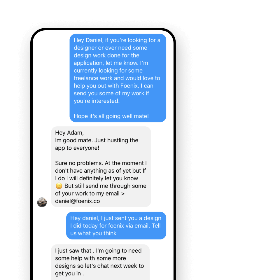 Screenshot of a text conversation about freelance design work for an application named Foenix, discussing sending designs via email and future collaboration.