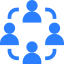 Icon of five blue human figures arranged in a circle, representing teamwork or community.