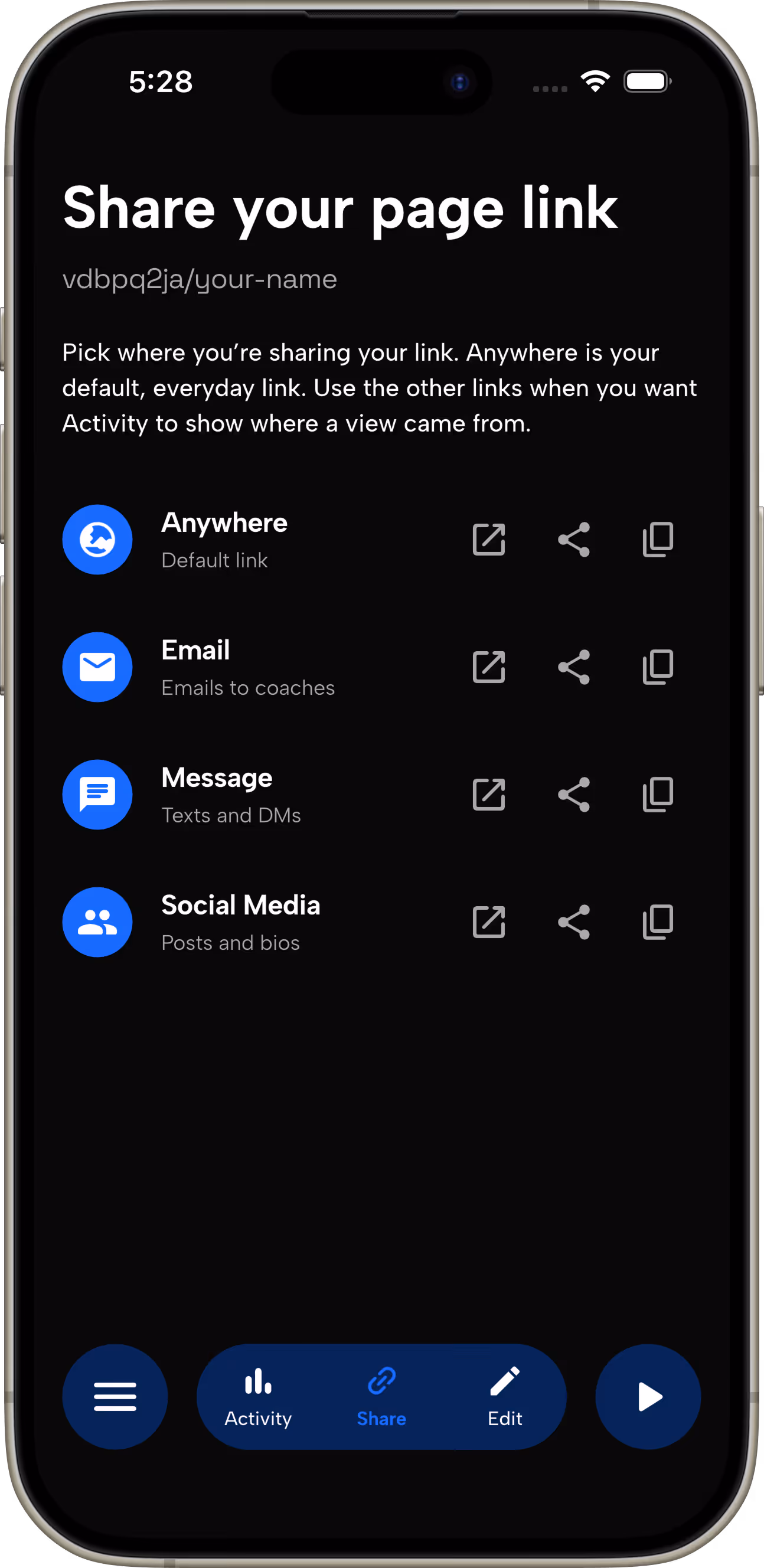 Mobile screen showing options to share a page link via Anywhere, Email, Message, or Social Media.