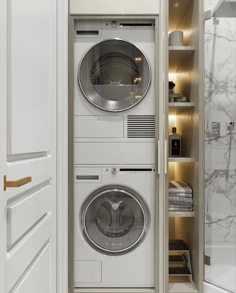 Stacked washer and dryer installed inside built-in closet