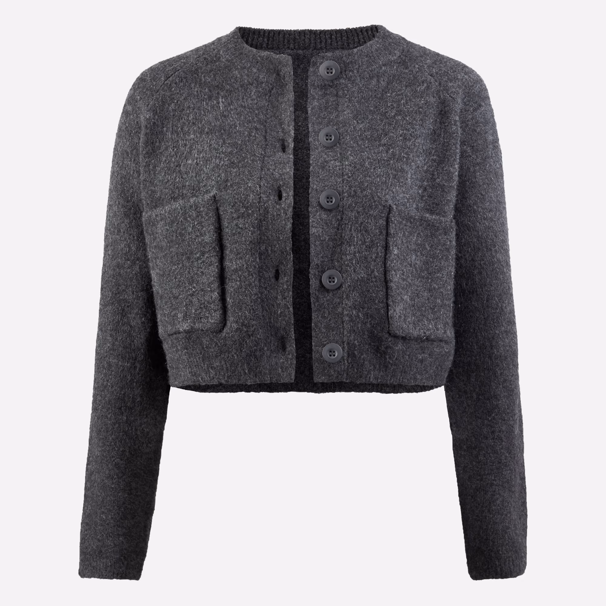 Dark gray wool cropped cardigan with long sleeves, round neckline, front buttons, and two pockets.