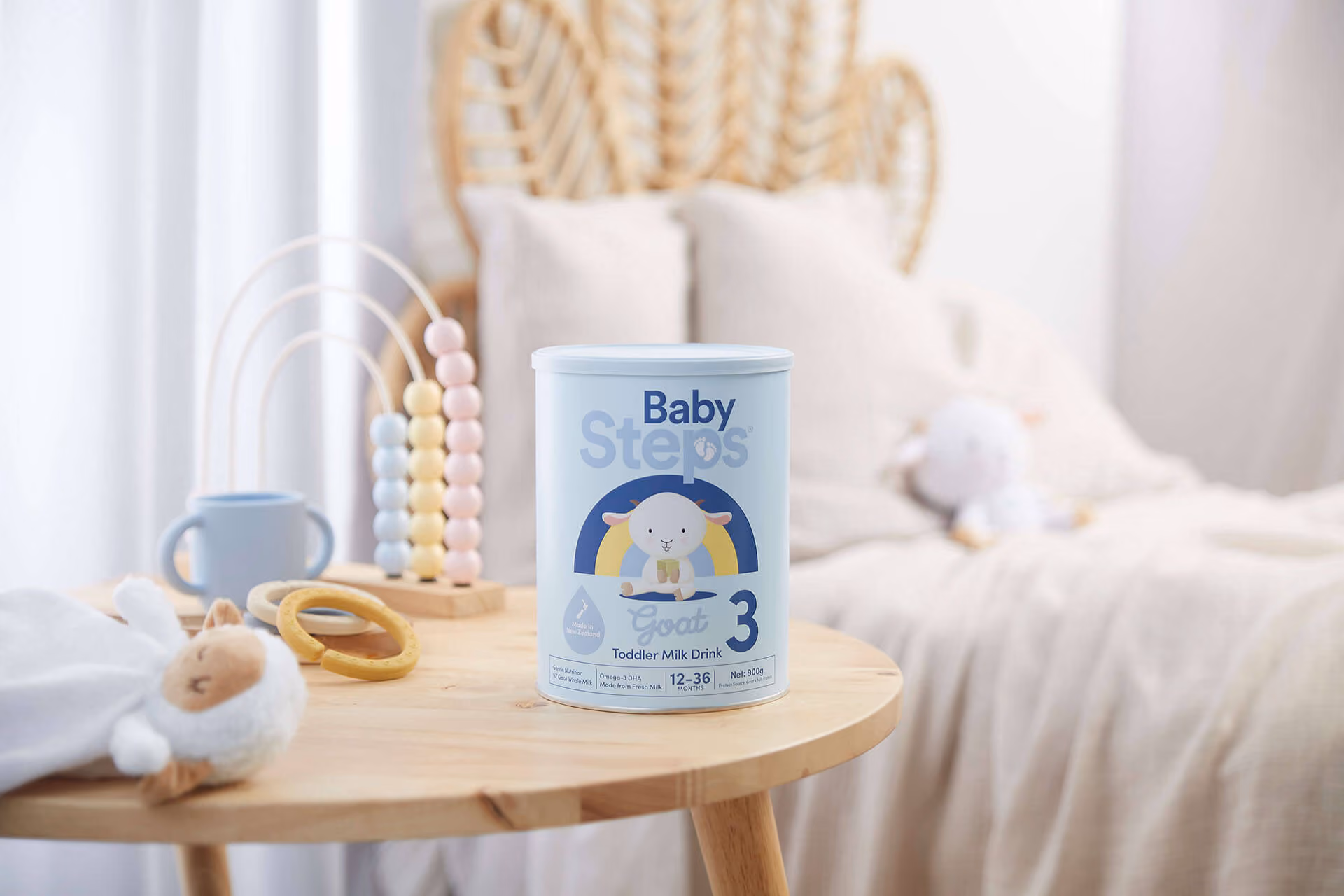 Auckland product photography for Baby Steps Goat Stage 3 Toddler Milk Drink, captured by Amanda Hughes Photography in a soft nursery lifestyle setting.
