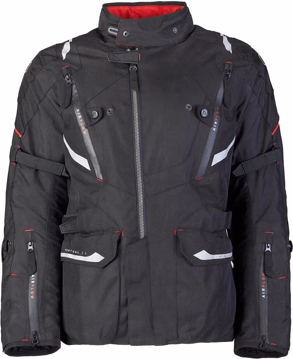 Auckland product photography of an Airflow Montreal 3.0 motorcycle jacket in black with red and silver detailing, shot on an invisible mannequin against a white background, by Amanda Hughes Photography.