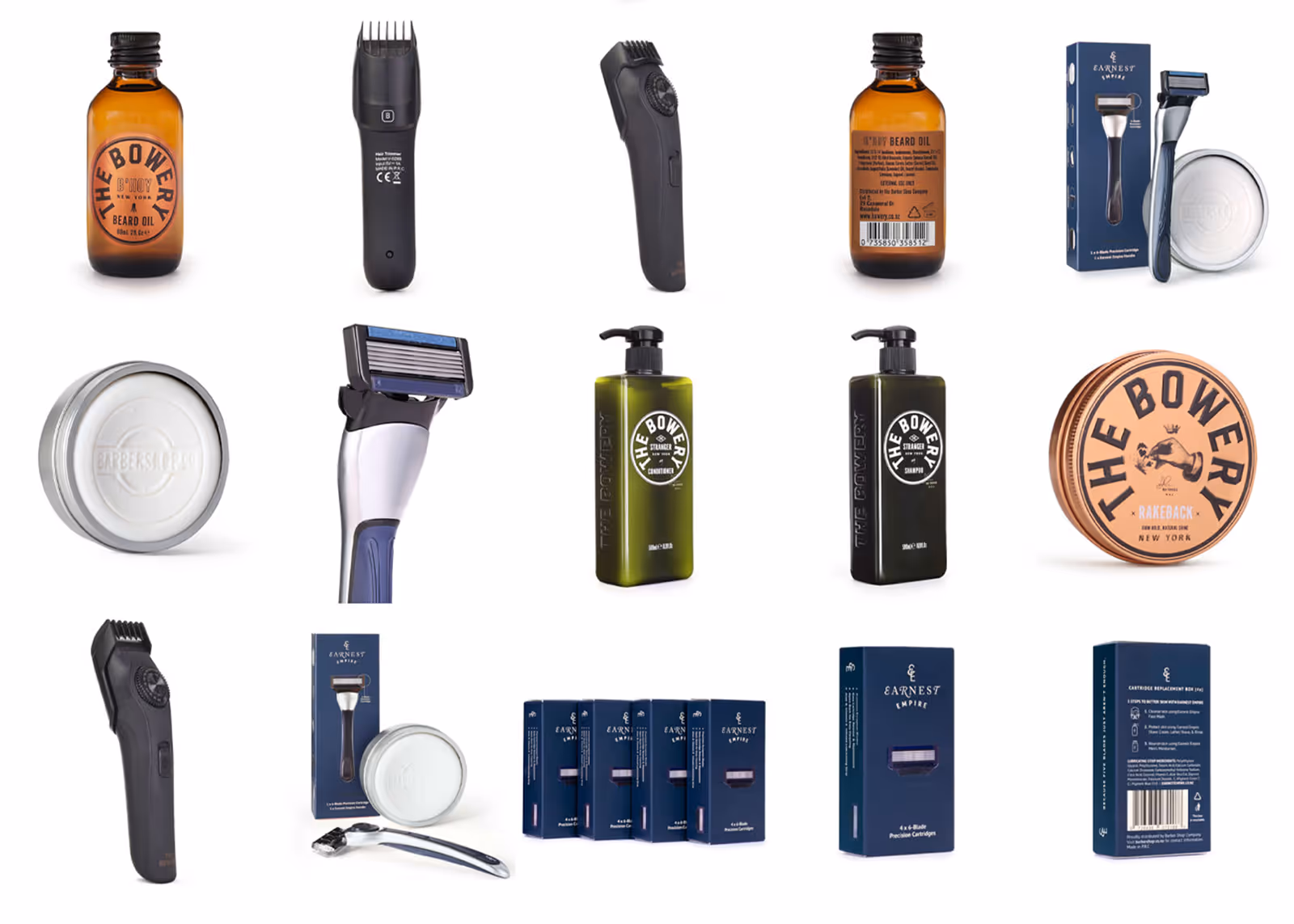 Grid of men's grooming products including beard oil, trimmers, razors, shampoo, conditioner, and shaving soap.