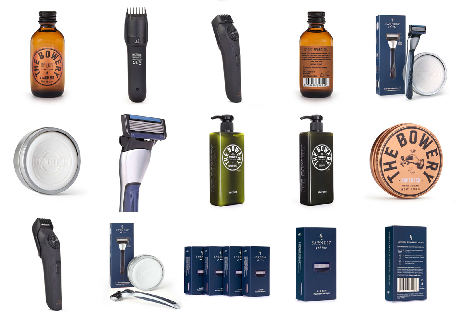 Grid of men's grooming products including beard oil, trimmers, razors, shampoo, conditioner, and shaving soap.