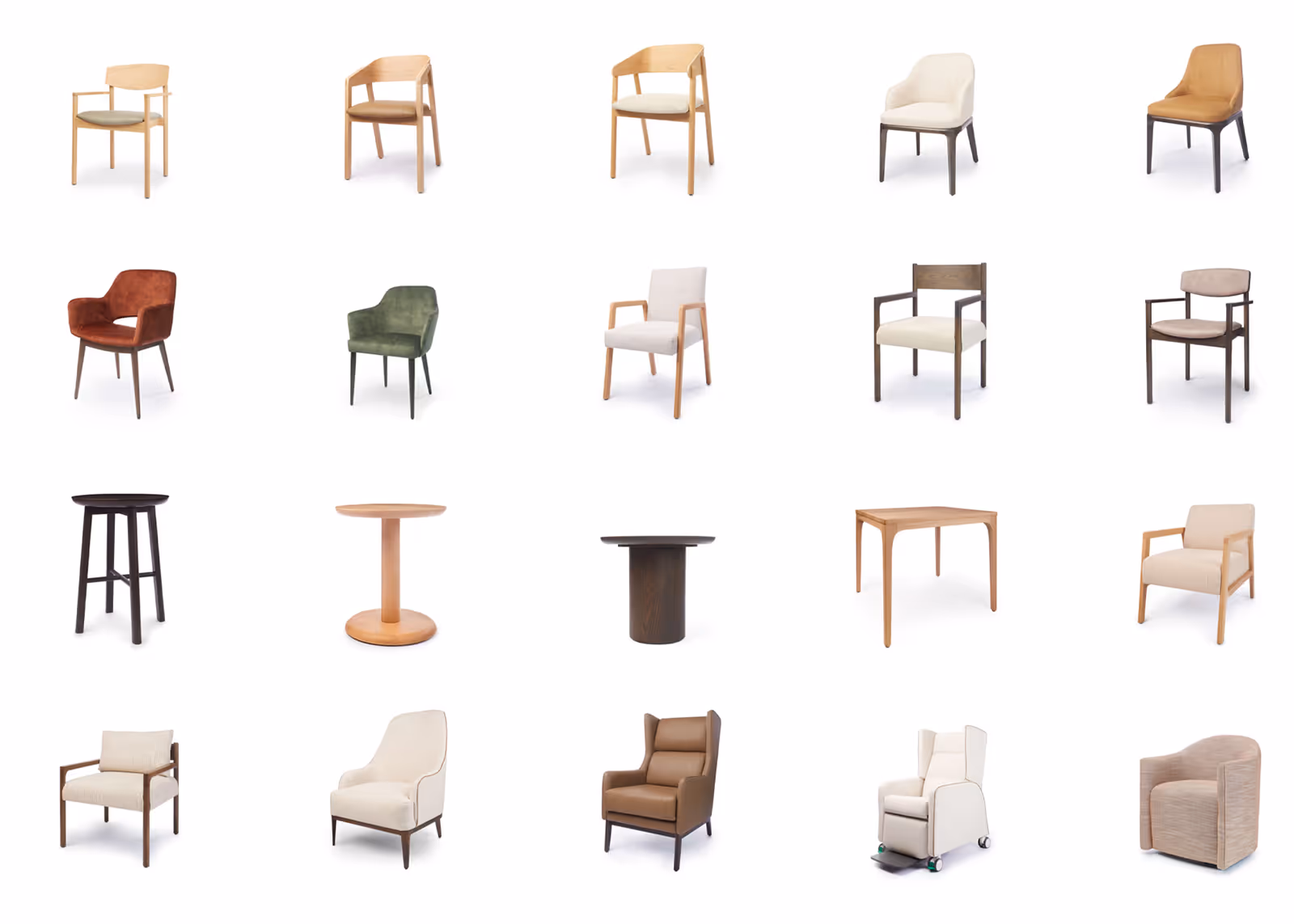 Collection of various modern chairs and tables in different wood finishes and upholstery styles on white.