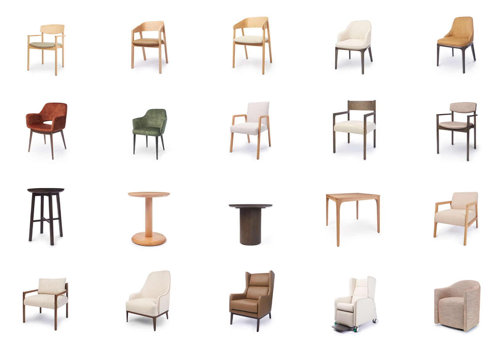 Collection of various modern chairs and tables in different wood finishes and upholstery styles on white.