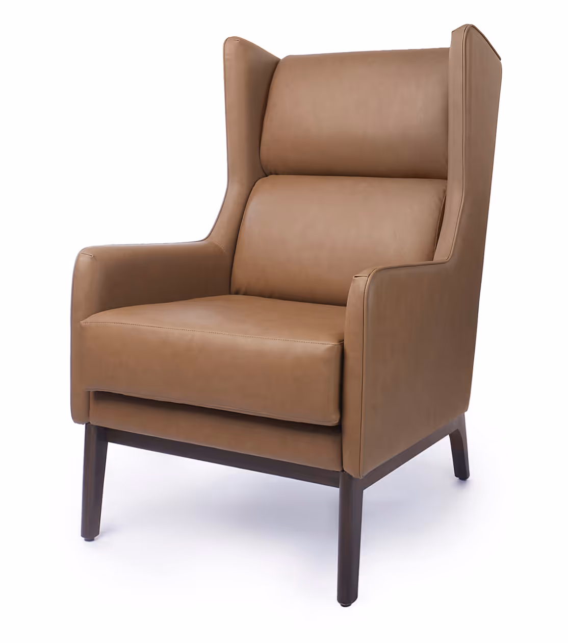 Tan leather wingback armchair with dark wooden legs photographed on a white background, Amanda Hughes Product Photography