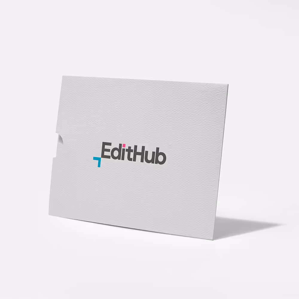White card with EditHub logo featuring black text and small colored shapes on a plain background.
