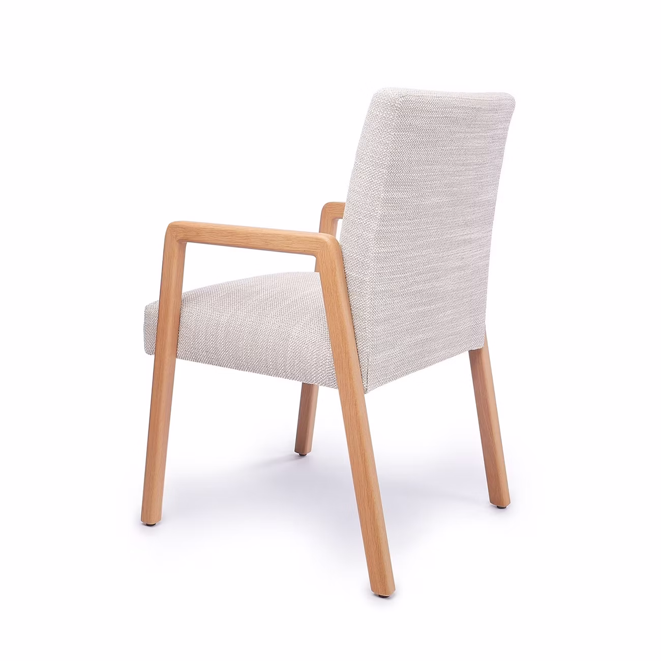 Modern armchair with light wood frame and textured light grey fabric upholstery on seat and back.