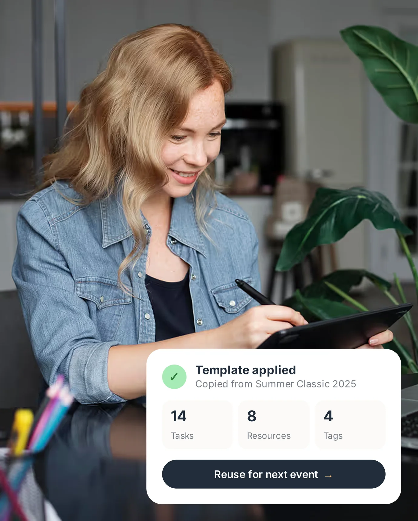 Event organizer at a tablet with a PartnerHQ card showing a project template reused from last year: 14 tasks, 8 resources, 4 tags.