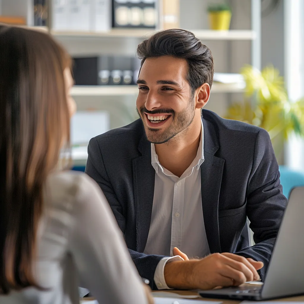 Smiling man in a blazer engaged in a conversation with a woman in an office setting.