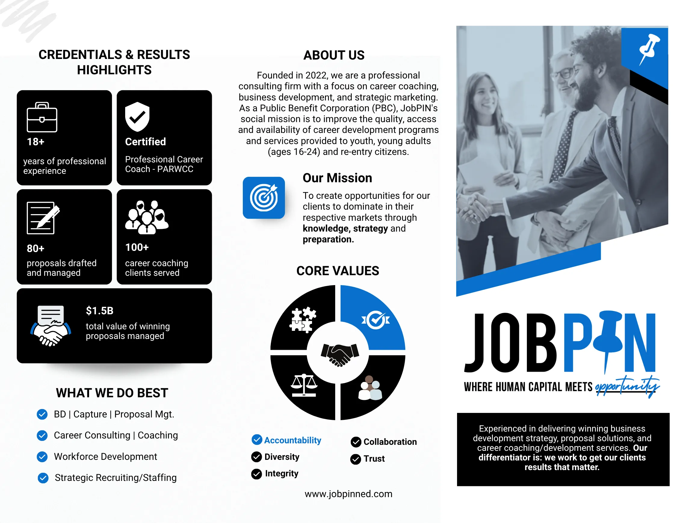 A trifold with JobPIN's logo and information about the company