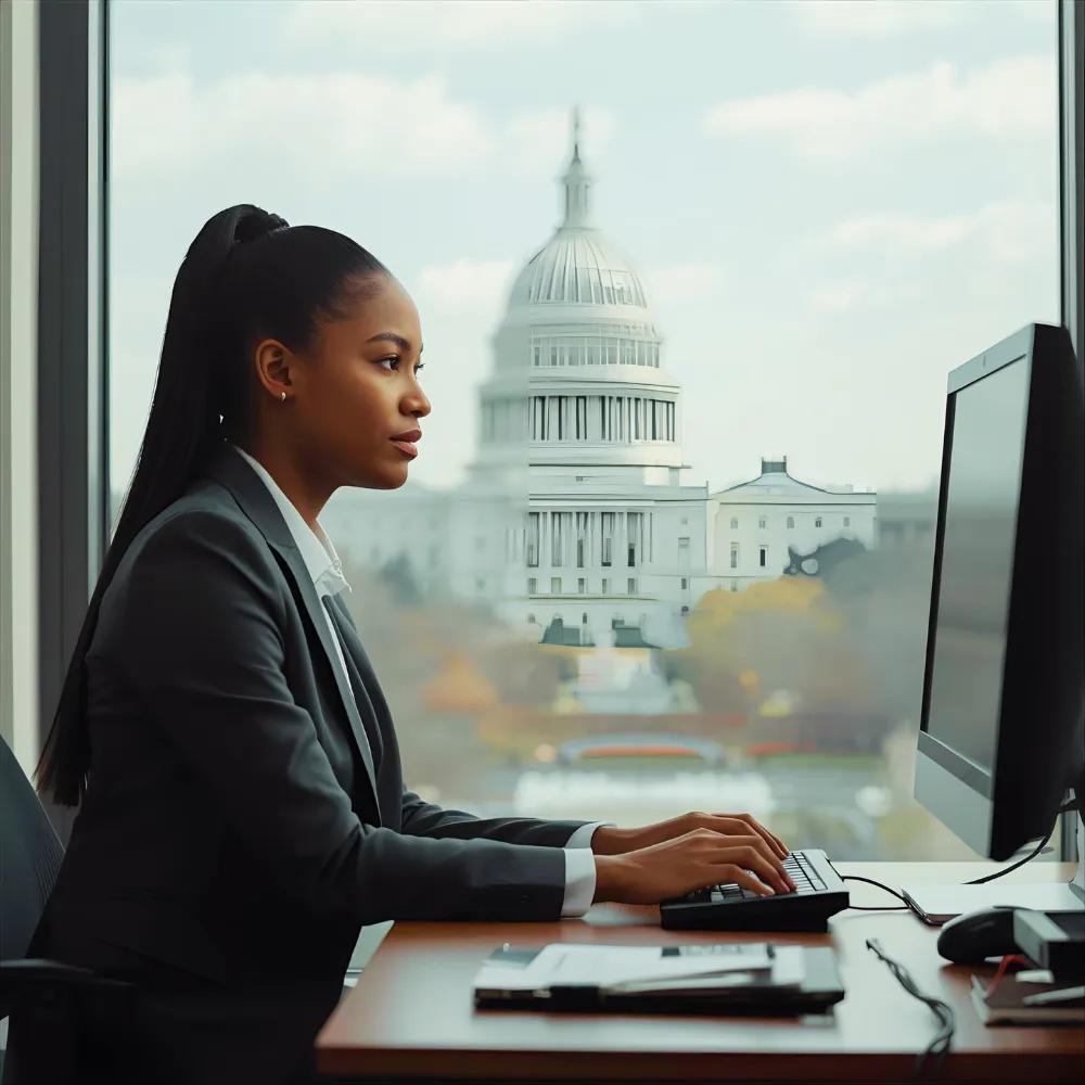 Professional woman in a suit typing on a keyboard at a desk with a computer, with the U.S. Capitol building visible through the window behind her.