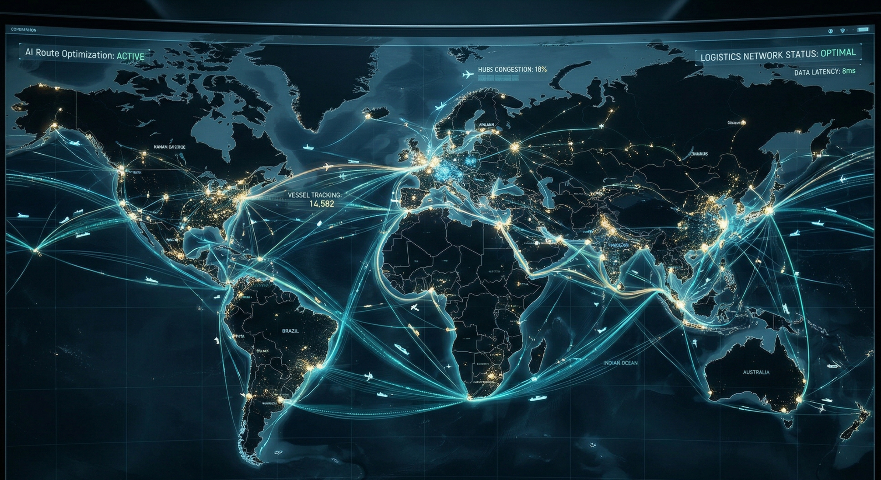 An illustrated world map showing global shipping and air freight routes as glowing lines between hubs