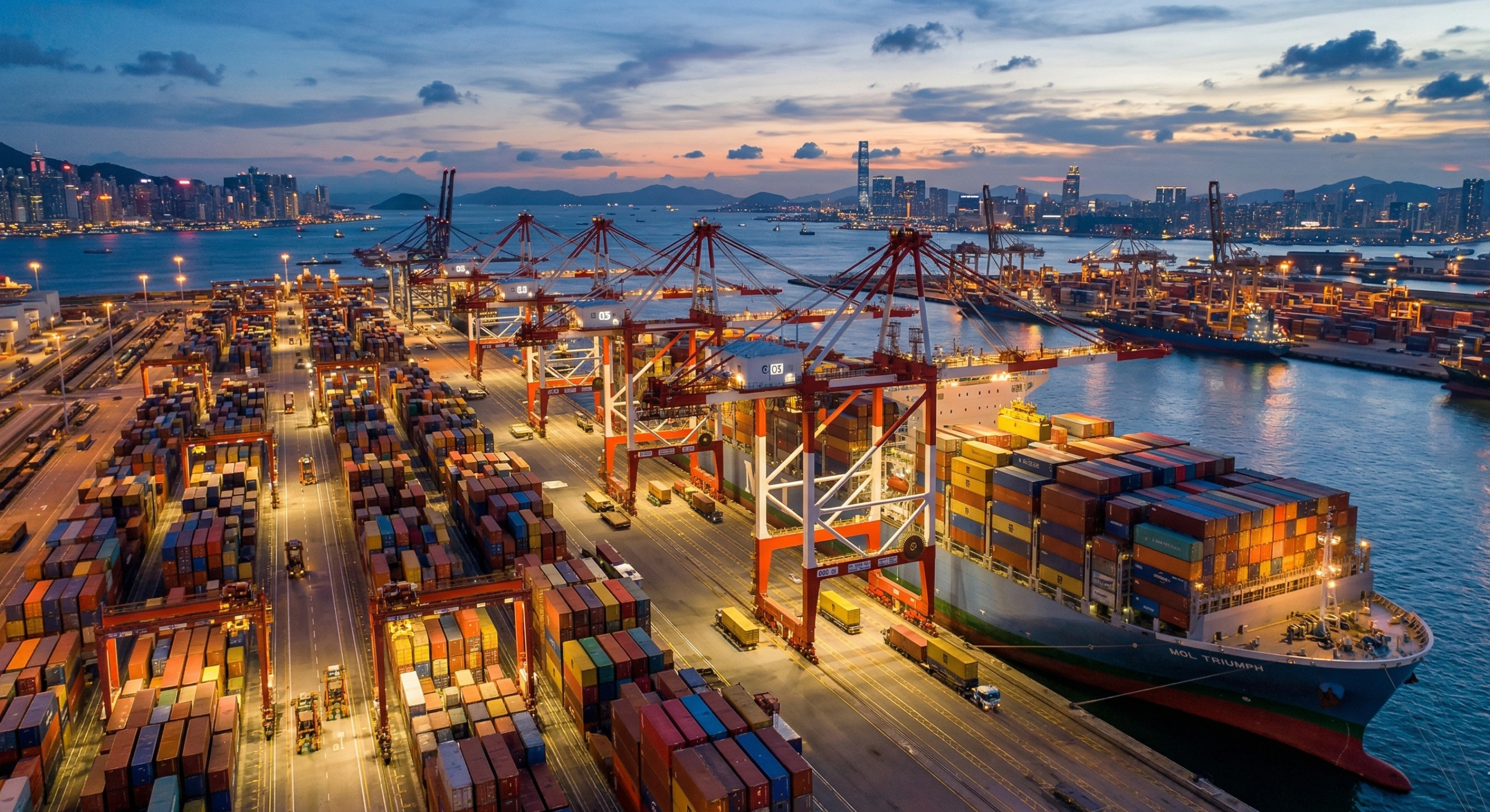 Aerial view of a container terminal at dusk with a container ship alongside and a city skyline behind