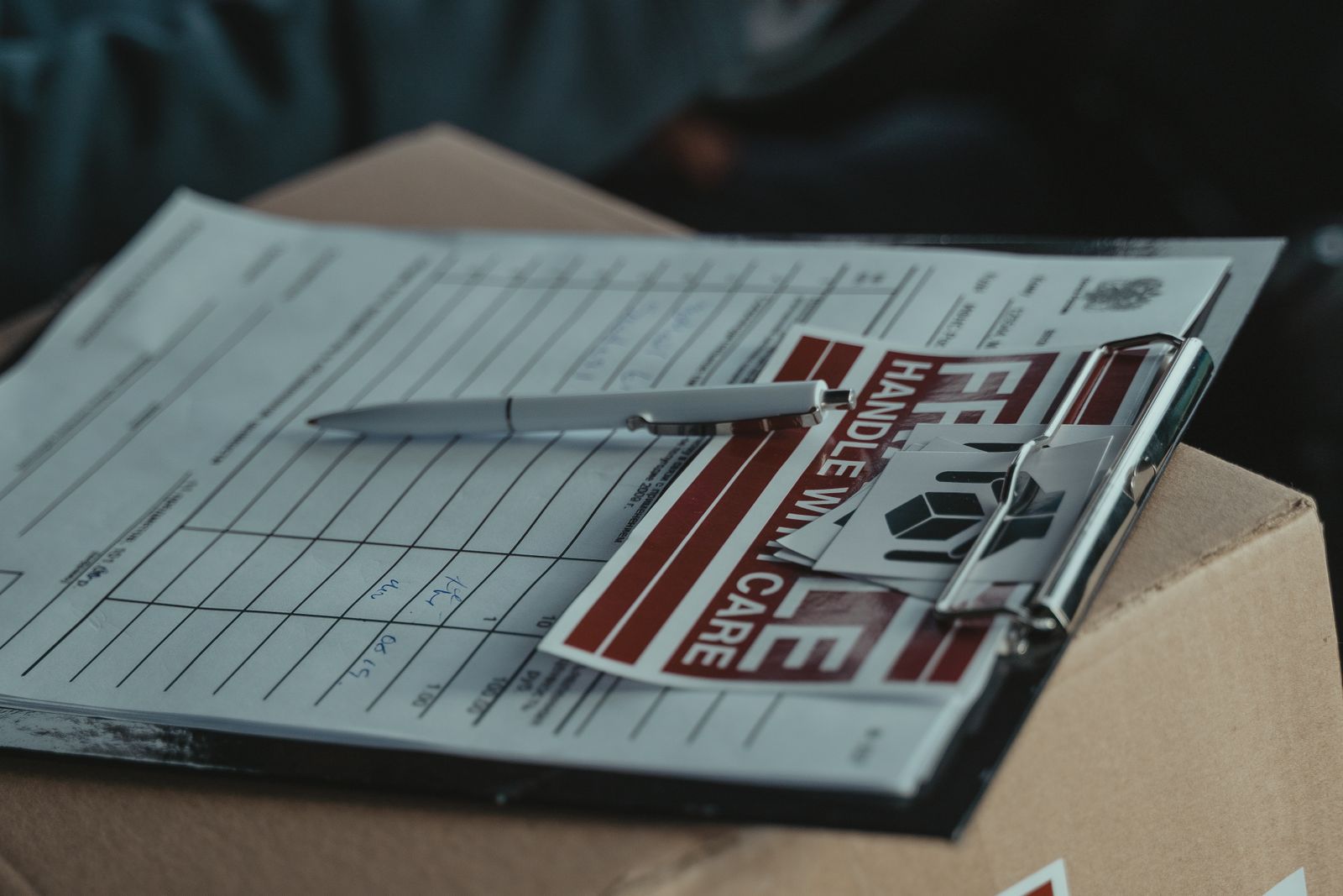 A shipping manifest on a clipboard with a pen and handle with care labels on a carton