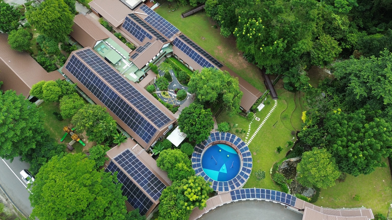 Rezeca Renewables 175.74 kWp solar installation across pitched roofs at Harding Road, Dempsey, Singapore