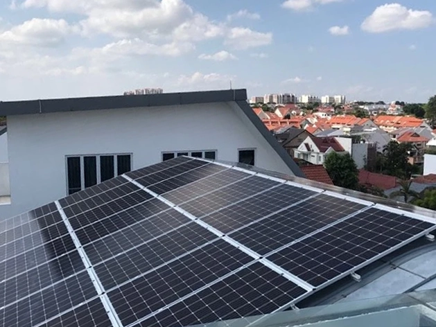 Rezeca Renewables 12.30 kWp solar panel installation on the roof of a landed home at Conway Grove, Serangoon Gardens, Singapore