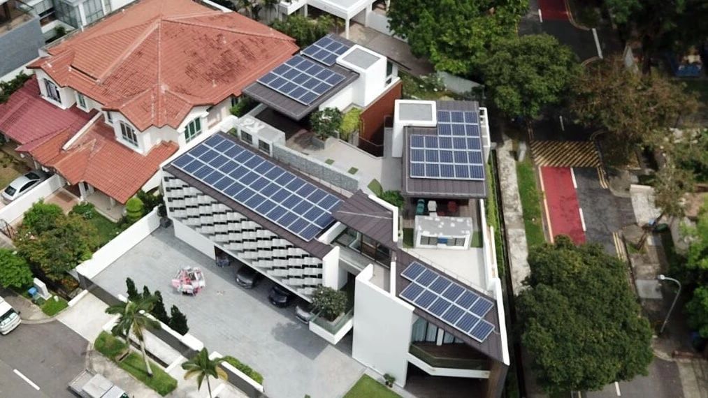 Rezeca Renewables 24.18 kWp solar panel installation on the metal roofs of a contemporary landed home at Princess of Wales Road, Holland, Singapore
