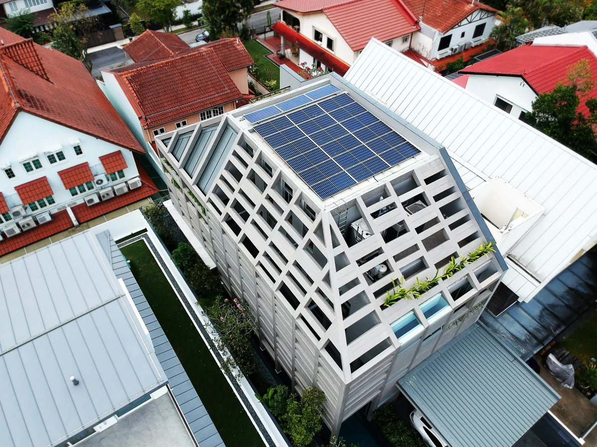 Rezeca Renewables 7.35 kWp solar panel installation on a metal roof at a landed home on Greenleaf Drive, Bukit Timah, Singapore
